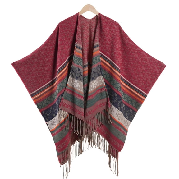 Gpaecead Ethnic Pattern Cape - Vintage Style Photography Shawl Wrap Burgundy