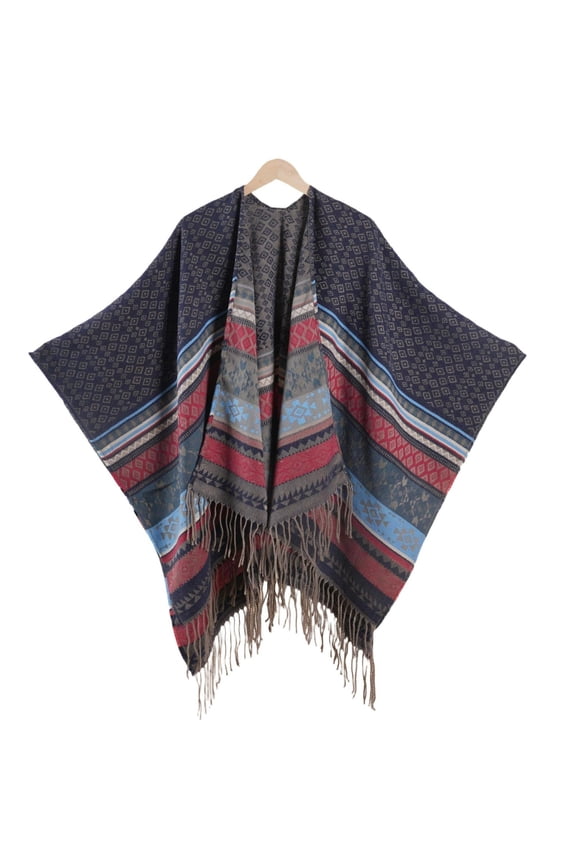 Ethnic Pattern Cape - Vintage Style Photography Shawl Wrap Navy