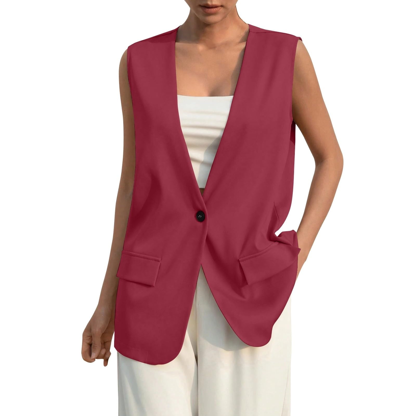 Fall Women's Sleeveless Vest Blazer Fashion Casual Work Office Tops With Pockets Red