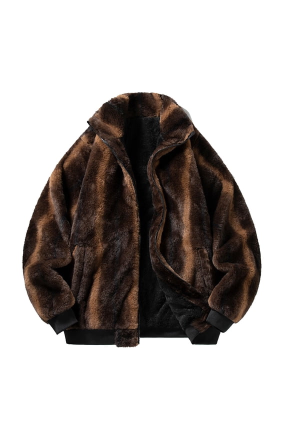 Faux Fur Jackets Men's Stand Up Collar Fleece Casual Jacket Solid Color Cardigan Jacket Long Sleeved Shirt Brown