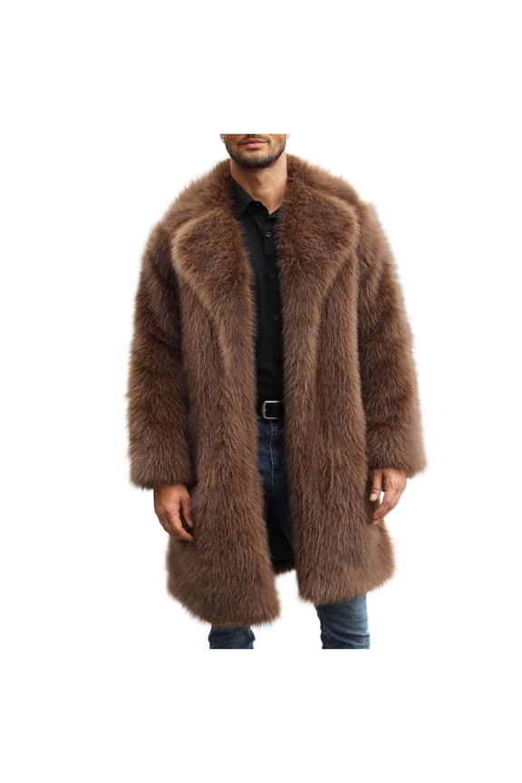 Faux Fur Jackets Mens Warm Faux Furry Long Coat Jacket Winter Solid Turn Down Collar Outerwear Brown