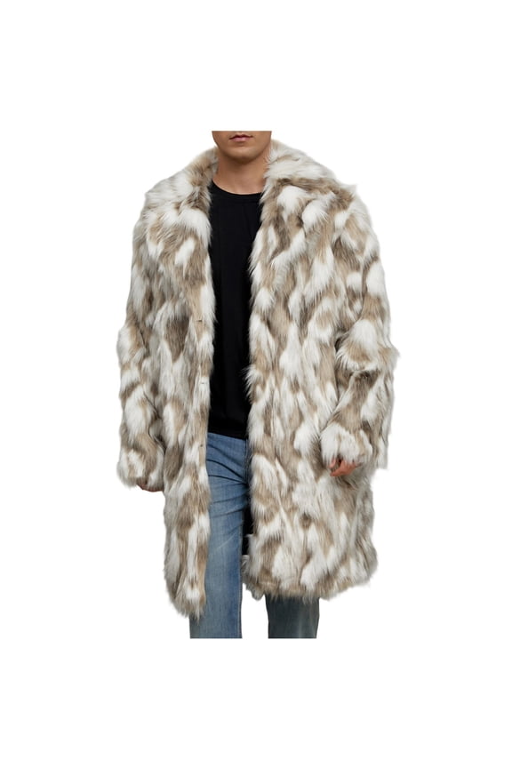 Faux Fur Jackets Mens Warm Faux Furry Long Coat Jacket Winter Turn Down Collar Outerwear Brown