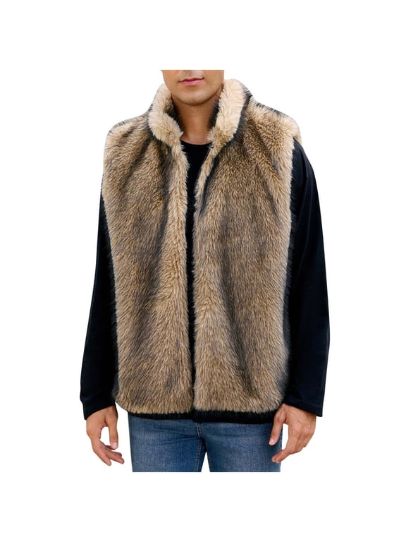 Faux Fur Vest For Men Trendy Fall Sleeveless Stand Collar Fuzzy Jacket Fluffy Winter Coats Furry Vests Outerwear Brown