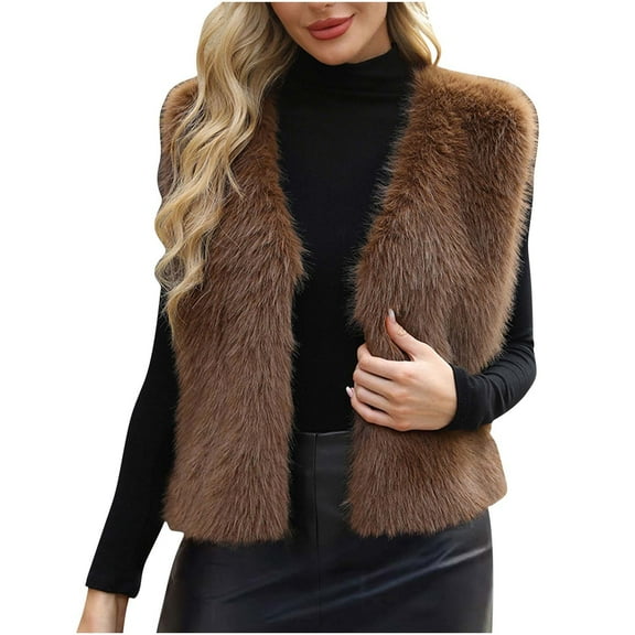 Gpaecead Faux Fur Vest For Women Trendy Fall Sleeveless Cropped Fuzzy Jacket Fluffy Winter Coats Furry Vests Outerwear Brown