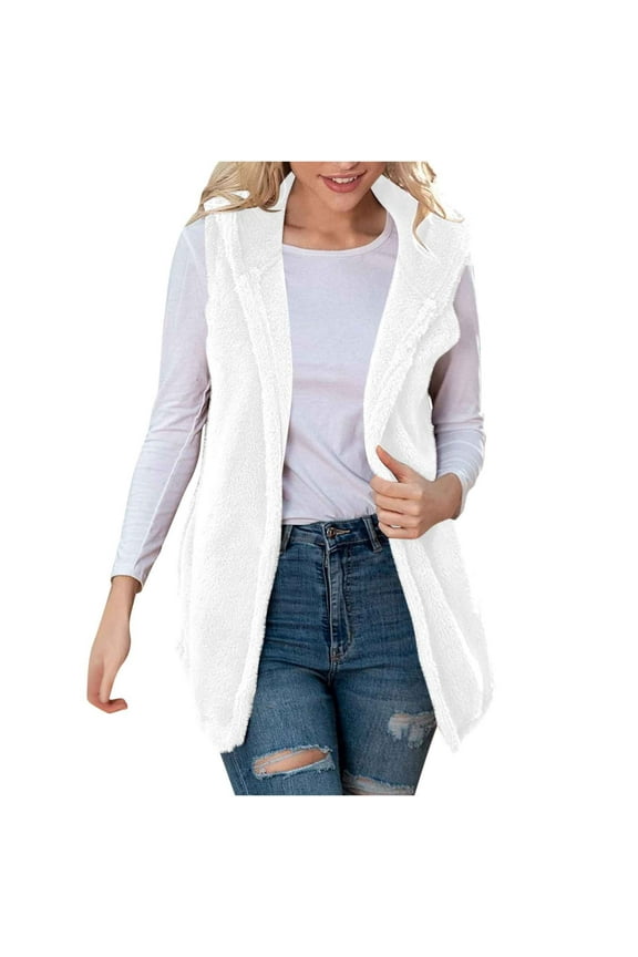 Fuzzy Fleece Vest Jacket Womens Solid Casual Tops Sleeveless Hooded Fleece Blanket Jacket With Pocket White