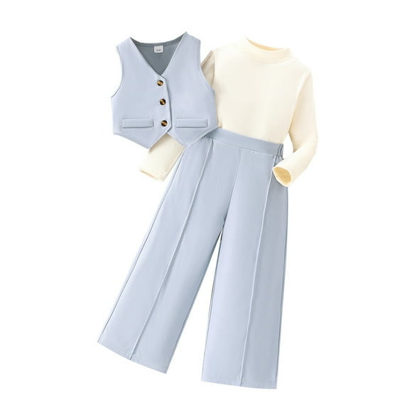Gpaecead Girl's 2 Piece Outfits Kids Fashion Cute Solid Color Long Sleeve Top Waistcoat Pants Set Blue