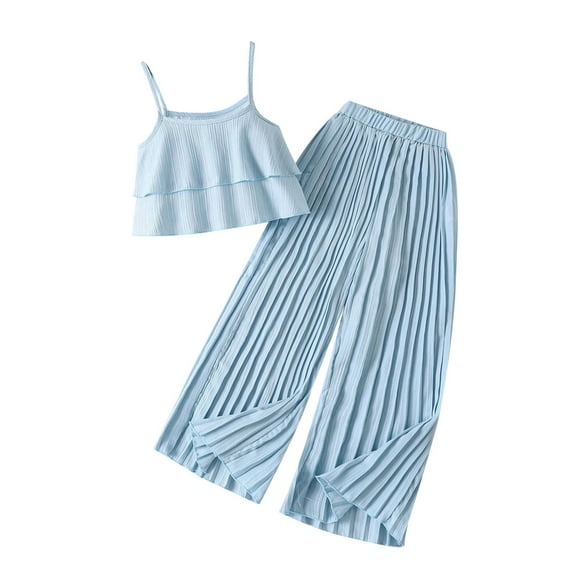 Gpaecead Girls' 2 Piece Outfits Solid Color Sleeveless Cami Crop Top And Wide Leg Pants Set Girls Clothes Light Blue