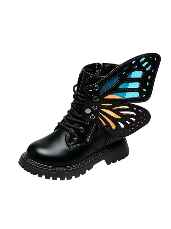 Girls 3D Butterfly Wing Boots Glitter Patent Leather Side Zipper Chunky Sole Ankle Booties For School And Party Black