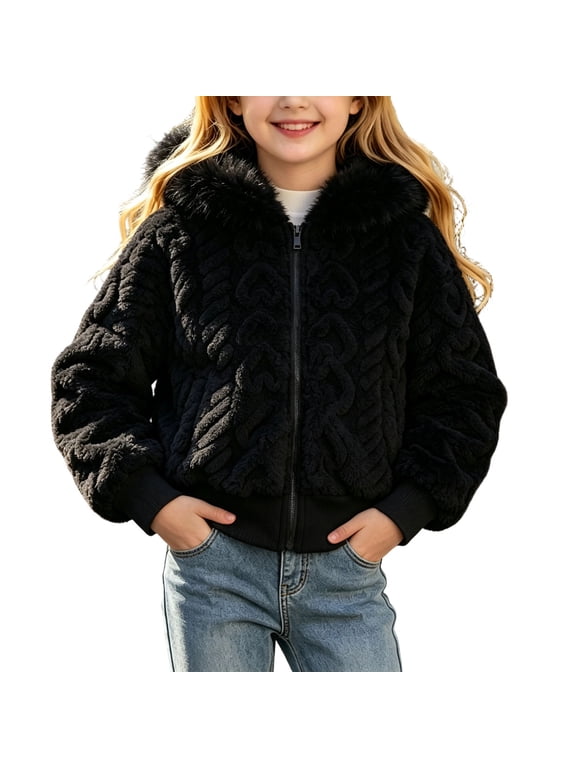 Girls 3D Heart Faux Fur Hooded Jacket Ribbed Trim Bomber Coat With Metal Zipper For Winter Causal Black
