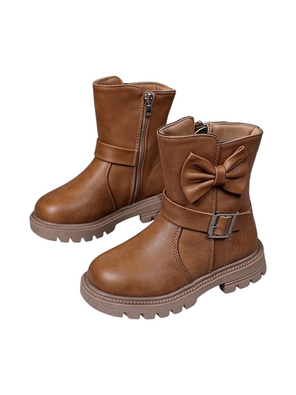 Girls Bow Buckle Ankle Boots Side Zip Faux Leather Booties With Non Slip Sole For Party Everyday Wear Brown