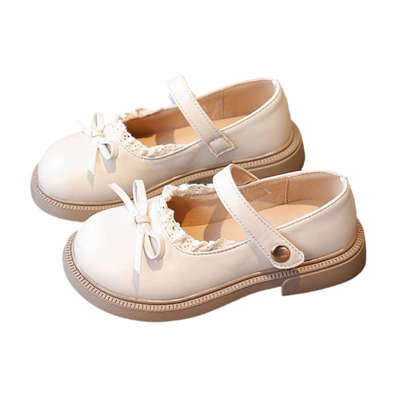 Gpaecead Girls Bow Lace Trim Dress Shoes Shoes Solid Color Soft Sole Shiny Patent Faux Leather Princess Casual Flats for Spring Summer School Daily B-Beige