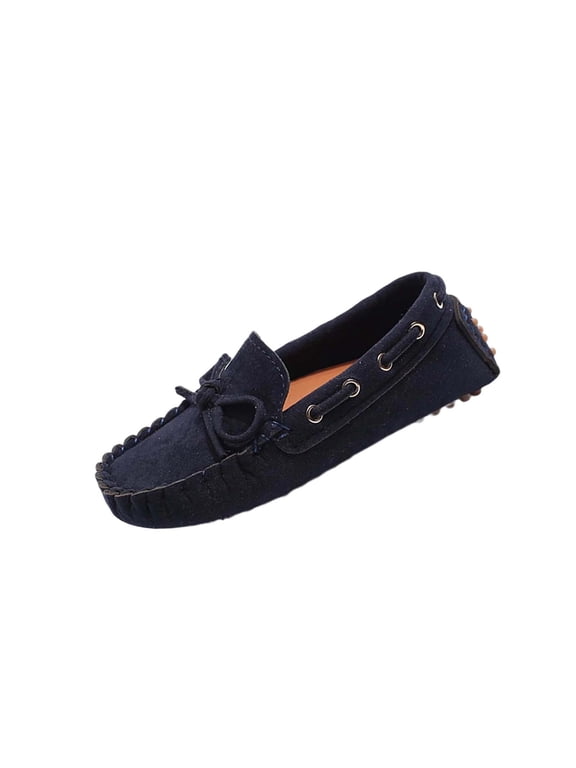 Girls Bow Loafer Shoes Soft Faux Suede Leather Solid Color Moccasins Slip-On Flat Soft Sole Casual Princess Shoes B-Blue