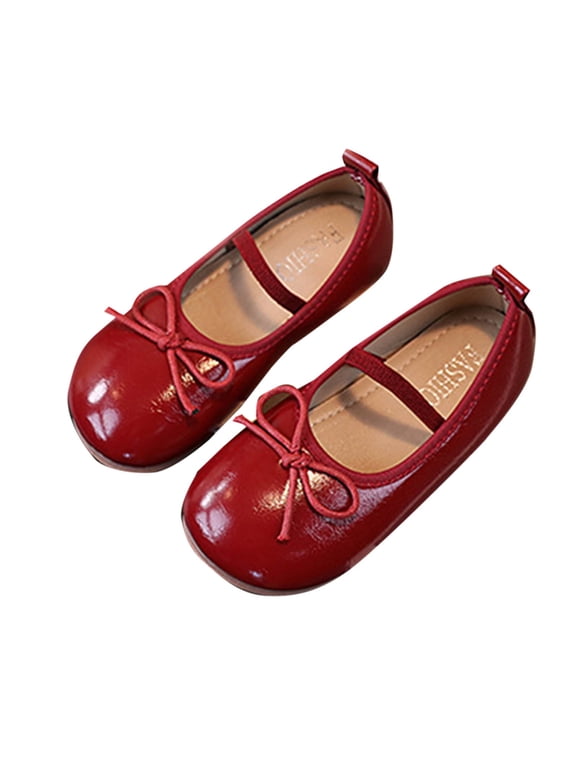 Girls Bow Mary Jane Princess Flats Elastic Strap Patent Leather Rubber Soft Sole Casual For School Daily, Red
