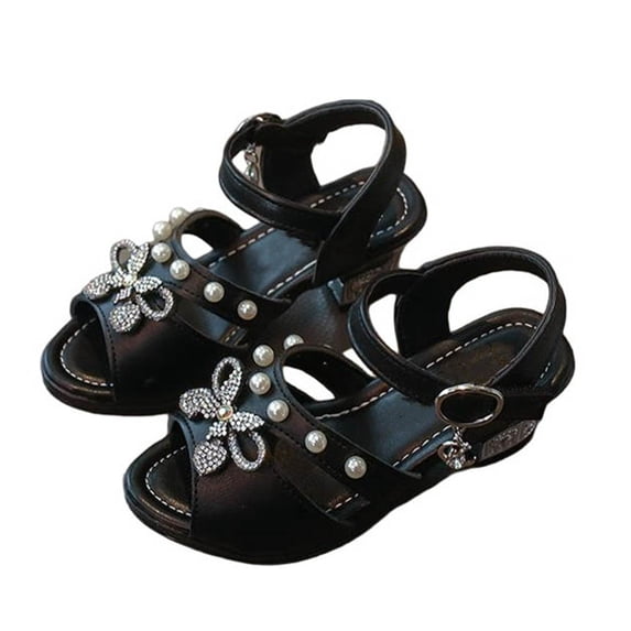 Gpaecead Girls Bow Pearl High Heel Sandals Open Toe Stage Performance Shoes Adjustable Ankle Strap Spring Summer Princess Shoes,B-Black