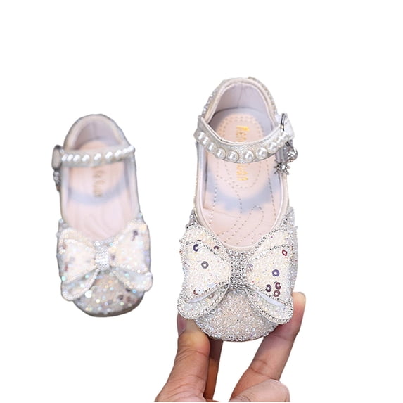 Gpaecead Girls Bow Pearl Sequins Mary Jane Princess Shoes Adjustable Ankle Strap Soft Non Slip Spring Summer Performance Party Shoes,B-White