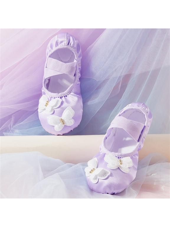 Girls Bow Practice Dance Flats Satin Soft Sole Princess Body Training Shoes For Big Kids Yoga Gymnastics, C-Purple