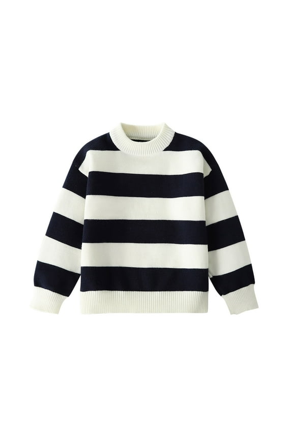 Girls Boys Winter Cable Knit Sweater Striped Round Neck Long Sleeeve Chunky Pullover Tops Navy