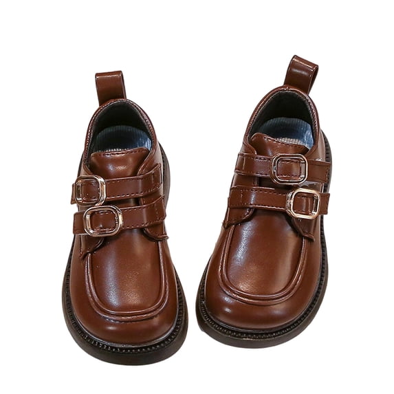 Gpaecead Girls British Style Buckle Loafers Solid Color Faux Leather Princess Shoes Casual Flat Slip On For School,Brown