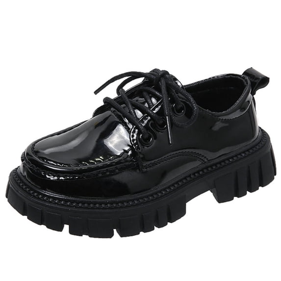Gpaecead Girls British Style Lace Up Uniform Flats Faux Leather Thick Sole Casual School Shoes For Big Kids Daily, Black