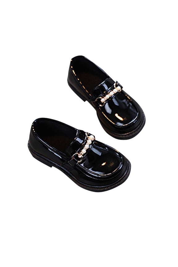 Girls British Style Pearl Princess Loafers Faux Leather Soft Sole Comfortable Casual Flats For School,Black