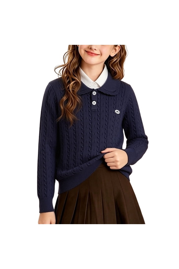 Girls Cable Knit Peter Pan Collar Sweater Long Sleeve Soft Warm Pullover For Fall Winter School And Casual Wear Navy