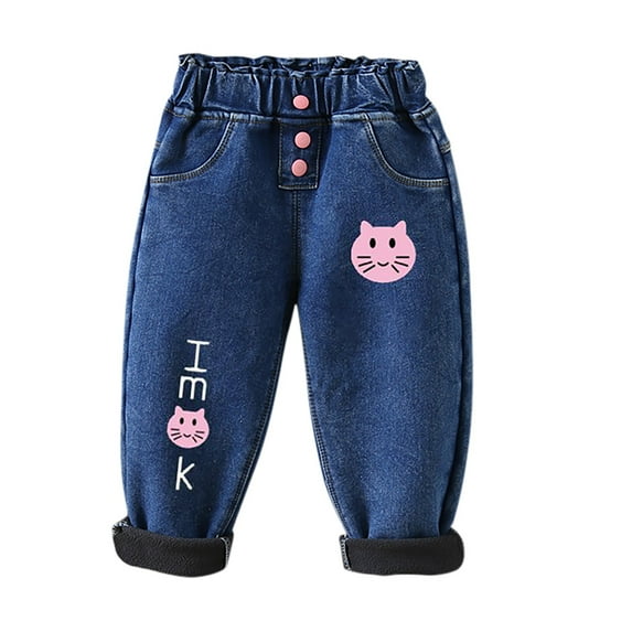 Gpaecead Girls' Clothing Jeans Butterfly Print And Fleece Lined Thickened Jeans Kids Fall And Winter Mid Waist Button Jeans 3-8 Years Blue