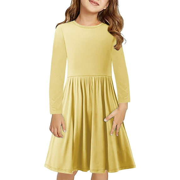 Gpaecead Girls Dress Long Sleeve Solid Color Stretchy Flared Flowy Midi Dresses Twirly Skater Dress Yellow