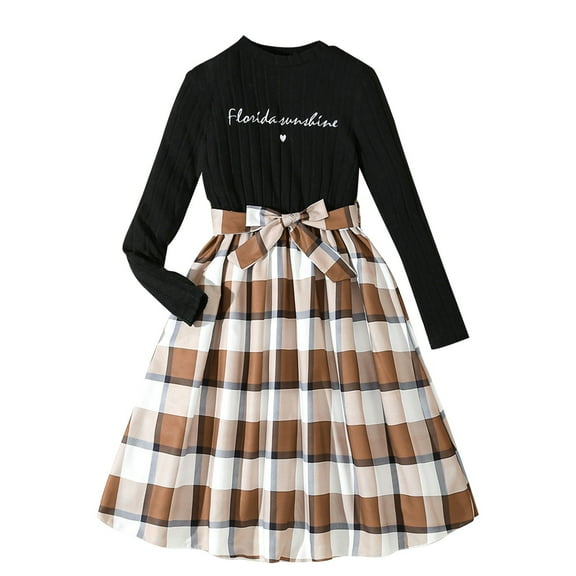Gpaecead Girls Dress Round Neck Ribbed Knit Tops Plaid Long Skirt Fall Winter Clothes Black