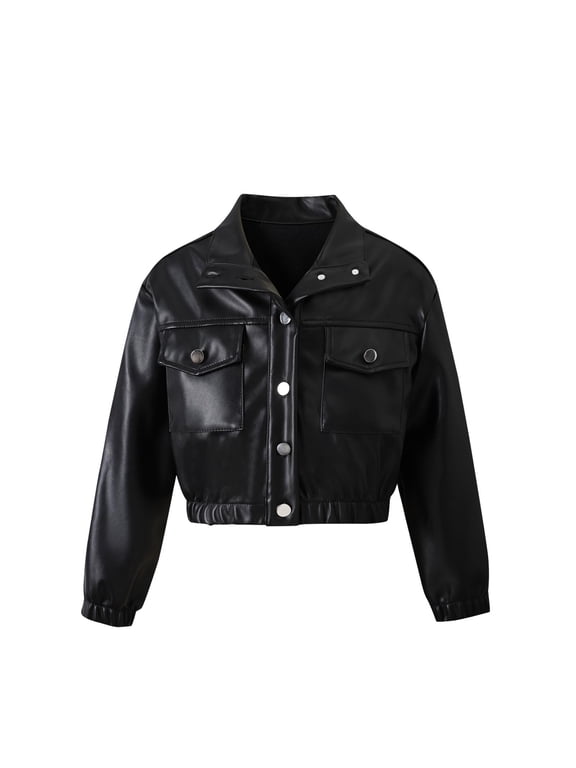 Girls Faux Leather Jacket For Kids Solid Color Botton Down Collar Motorcycle Biker Leather Jackets Black