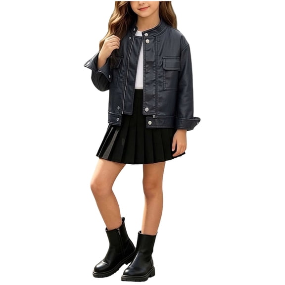 Gpaecead Girls Faux Leather Moto Jacket Zip Up Slim Fit Biker Coat With Snap Buttons For Spring Fall Causal E-Black
