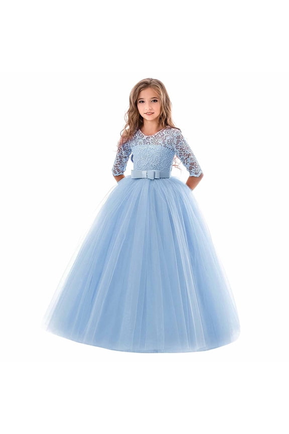 Girls Floral Lace 3/4 Sleeves Floor Length Dress Wedding Party Evening Formal Pegeant Dance Gown Blue