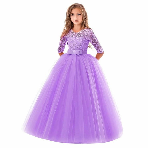 Gpaecead Girls Floral Lace 3/4 Sleeves Floor Length Dress Wedding Party Evening Formal Pegeant Dance Gown Purple