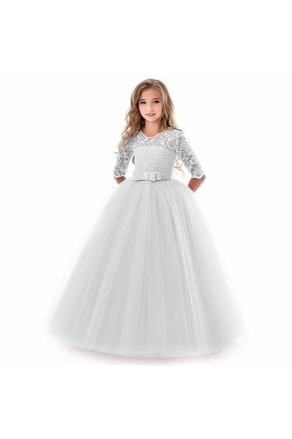 Girls Floral Lace 3/4 Sleeves Floor Length Dress Wedding Party Evening Formal Pegeant Dance Gown Silver