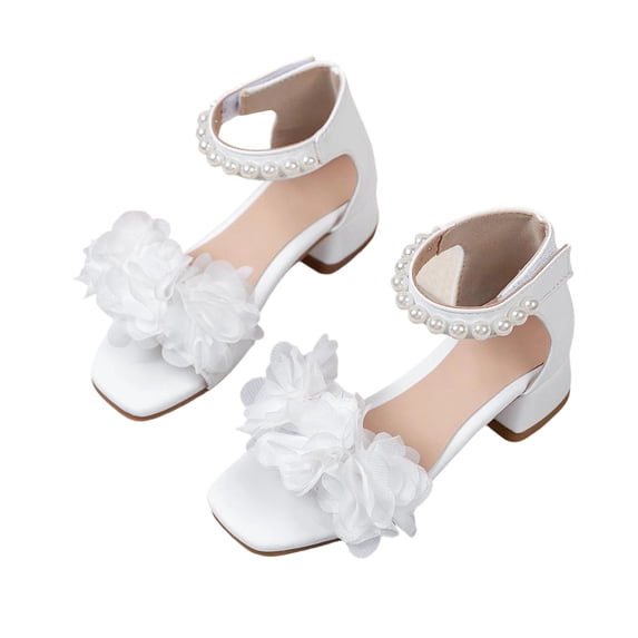 Gpaecead Girls Floral Pearl Mid Heel Sandals Square Toe Adjustable Ankle Strap Soft Non Slip Spring Summer Princess Party Shoes,White
