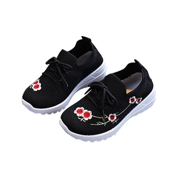 Gpaecead Girls Flower Embroidered Sock Sneakers Canvas Breathable Slip On Casual Shoes For School Daily Spring Summer Kids,Black
