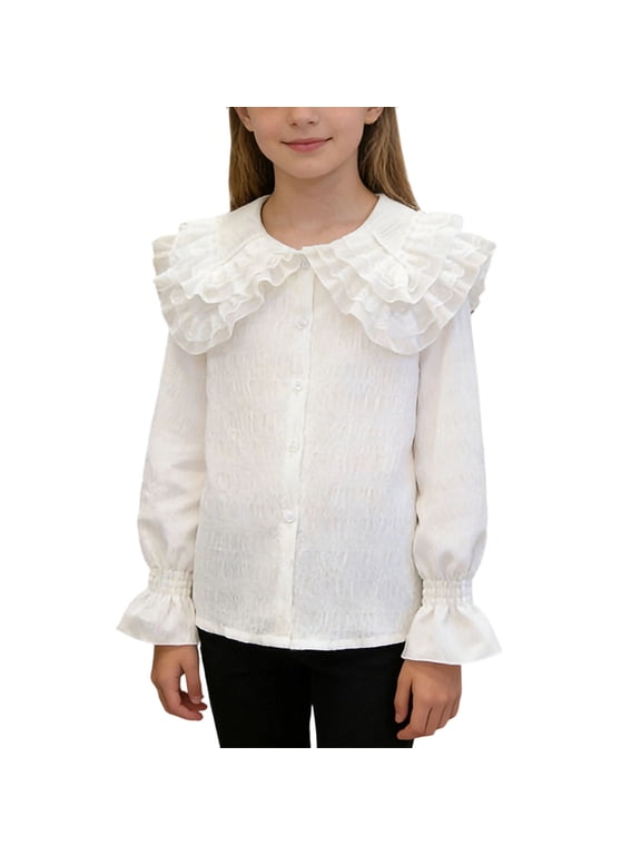 Girls French Double Layer Peter Pan Collar Ruffle Blouse Long Sleeve Button Down Shirt For School, Recitals And Parties White