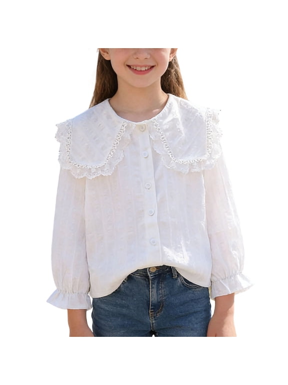 Girls French Lace Peter Pan Collar Blouse Long Sleeve Embroidered Button Down Shirt For School, Recitals And Weddings White
