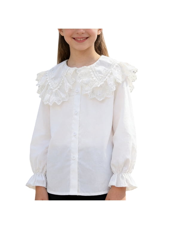 Girls French Lace Peter Pan Collar Blouse Long Sleeve Lantern Sleeve Button Down Shirt For School, Recitals And Weddings White