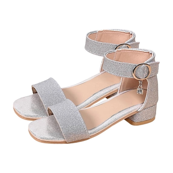 Gpaecead Girls Glitter Chunky Heel Sandals Breathable Adjustable Ankle Strap Soft Non Slip Spring Summer Princess Shoes,Silver