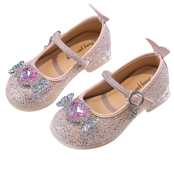 Gpaecead Girls Heart Rhinestone Sparkle Princess Shoes Faux Leather Anti Slip Sole Party Performance Dress Flats,B-Pink
