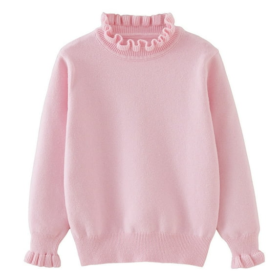 Gpaecead Girls Knit Tops Long Sleeve Ruffled Round Neck Pullover Tops Sweater Pink
