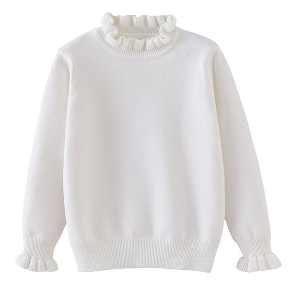 Gpaecead Girls Knit Tops Long Sleeve Ruffled Round Neck Pullover Tops Sweater White