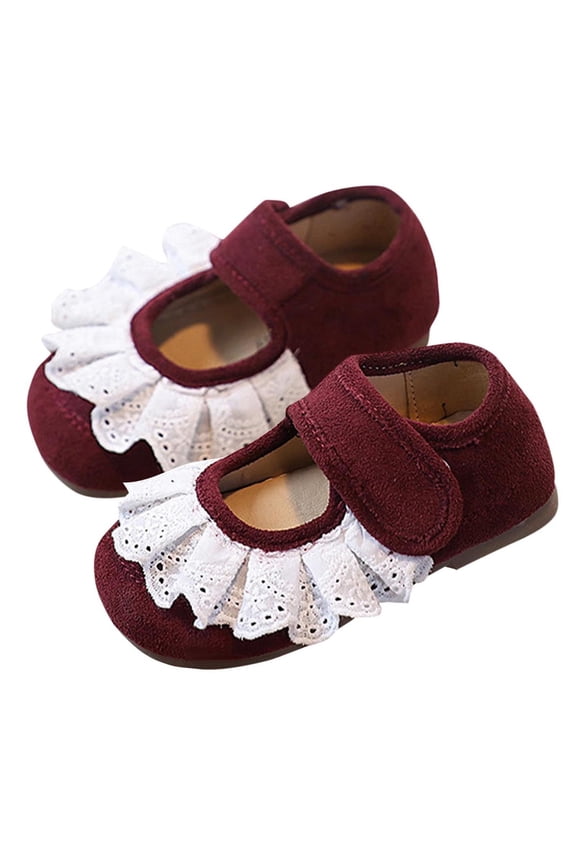 Girls Lace Ruffle Princess Bean Shoes Rubber Soft Sole Hook And Loop Mary Jane Flats For School Daily Casual, Burgundy