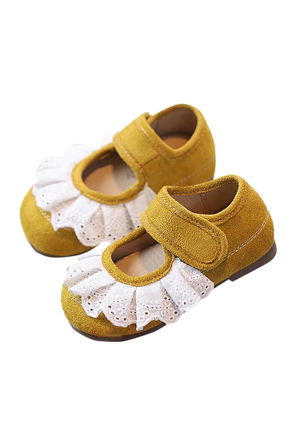 Girls Lace Ruffle Princess Bean Shoes Rubber Soft Sole Hook And Loop Mary Jane Flats For School Daily Casual, Yellow