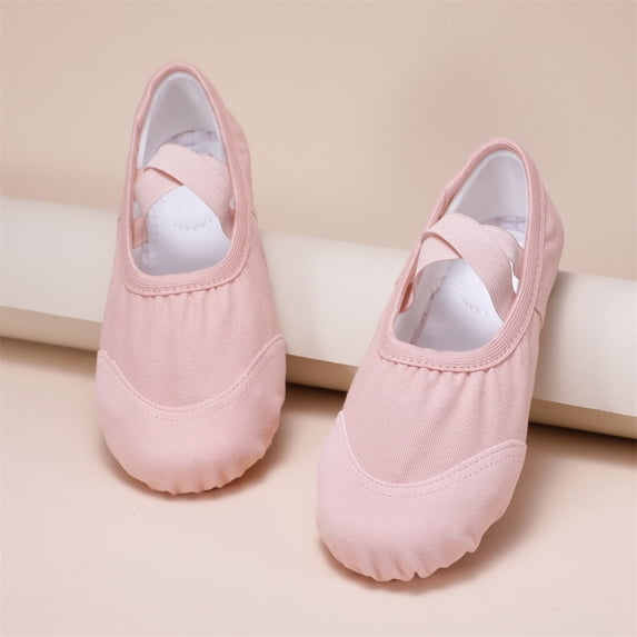 Gpaecead Girls Leather Toe Ballet Practice Flats Canvas No Tie Soft Sole Dance Shoes For Big Kids Yoga Gymnastics, Pink