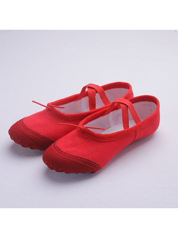 Girls Leather Toe Lace Up Ballet Shoes Solid Color Soft Sole Canvas Practice Flats For Dance Yoga Gymnastics, B-Red