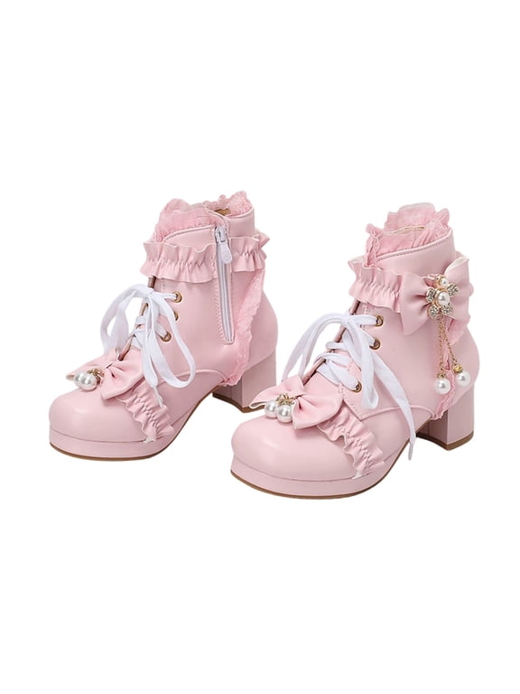 Girls Lolita Lace Up Chunky Heel Ankle Boots Bow Pearl Faux Leather Side Zipper Platform Booties For Tea Party Daily Pink