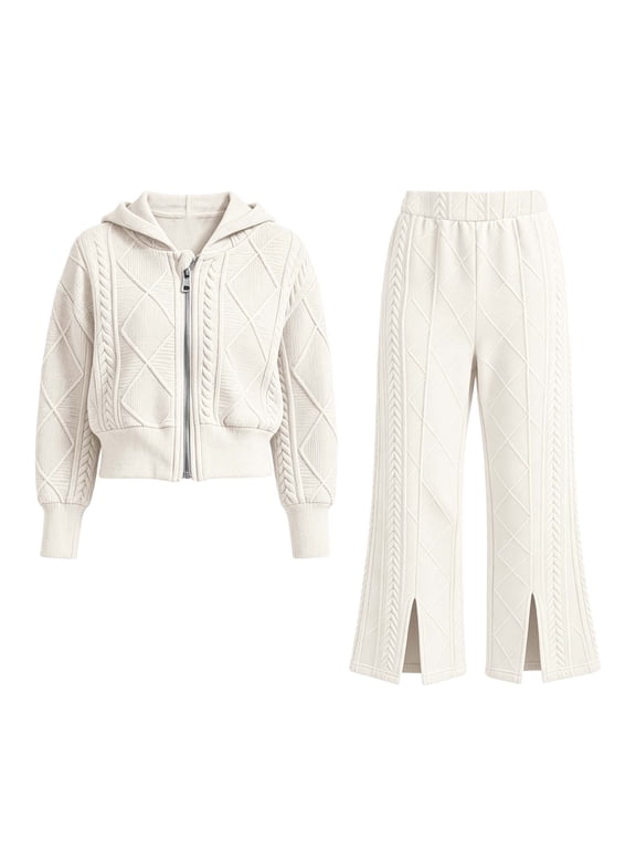Girls Long Sleeve 2 Piece Set Zip Up Cable Knit Hooded Sweatshirt And Flare Pants Solid Color Winter Casual Outfit Beige