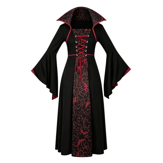Gpaecead Girls Medieval Gothic Vampire Costume Dress Black Red Lace Up Bell Sleeve Gown for Theme Party Burgundy
