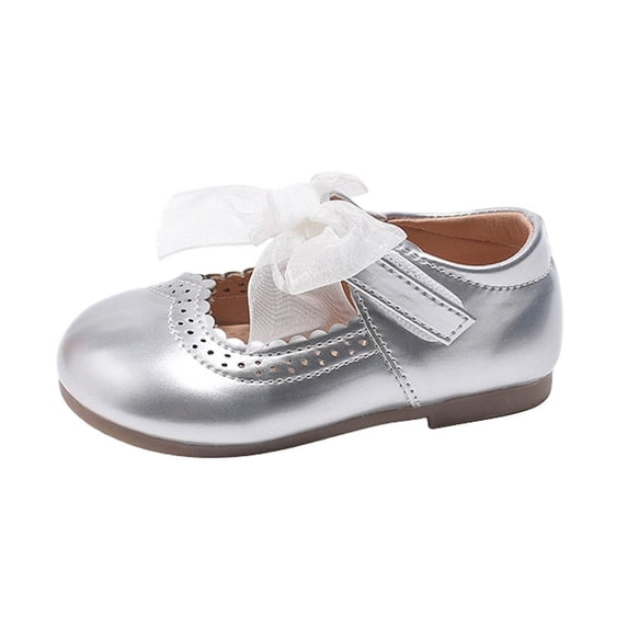 Gpaecead Girls Mesh Bow Mary Jane Shoes Soft Sole Non Slip Faux Leather Princess Dress Shoes For Toddler, Silver